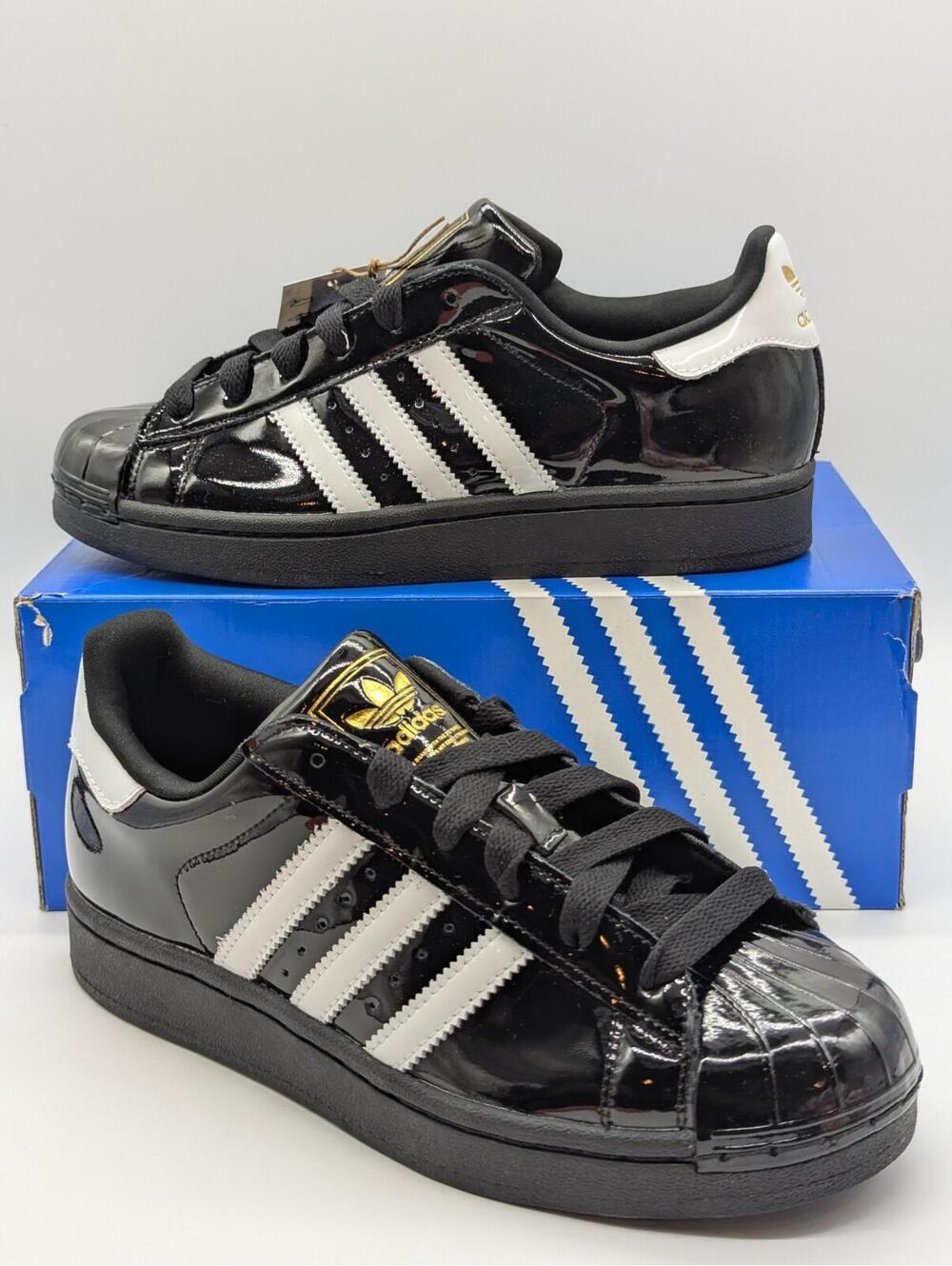 Women's Size 6.5 Adidas Superstar II Shoes Glossy Black White Sneaker JS4009 New